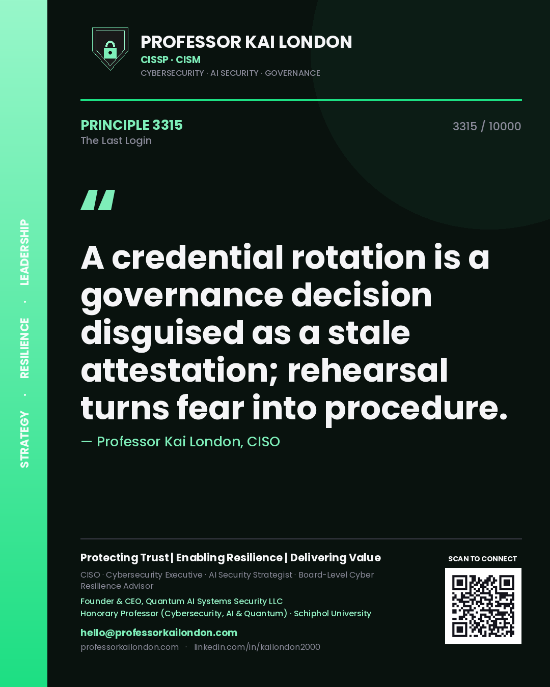 Quote card by Professor Kai London reading 'A credential rotation is a governance decision disguised as a stale attestation; rehearsal turns fear into procedure.'. From the book The Last Login.