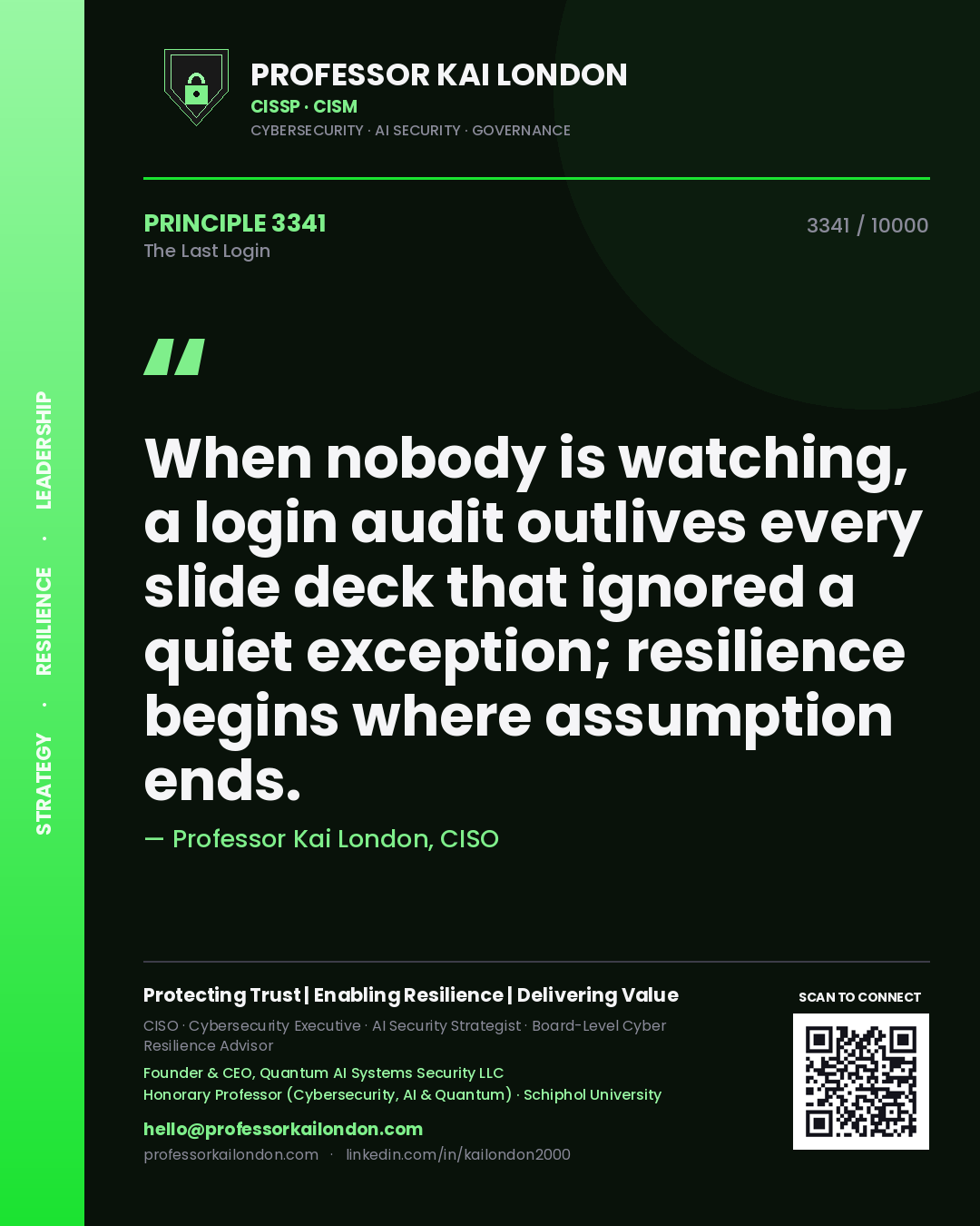 Quote card by Professor Kai London reading 'When nobody is watching, a login audit outlives every slide deck that ignored a quiet exception; resilience begins where assumption ends.'. From the book The Last Login.