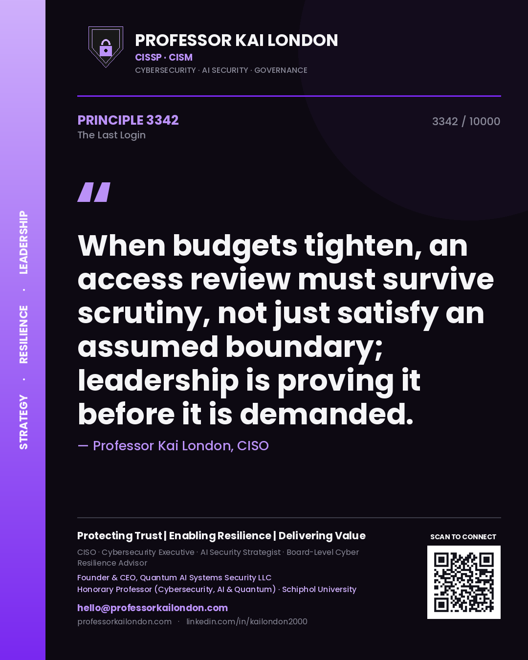 Quote card by Professor Kai London reading 'When budgets tighten, an access review must survive scrutiny, not just satisfy an assumed boundary; leadership is proving it before it is demanded.'. From the book The Last Login.