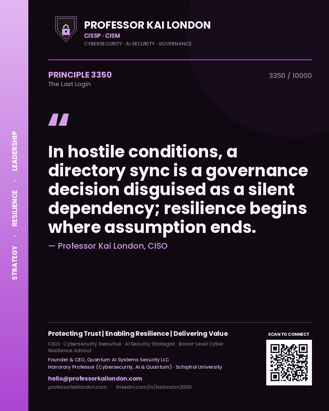 Quote card by Professor Kai London reading 'In hostile conditions, a directory sync is a governance decision disguised as a silent dependency; resilience begins where assumption ends.'. From the book The Last Login.