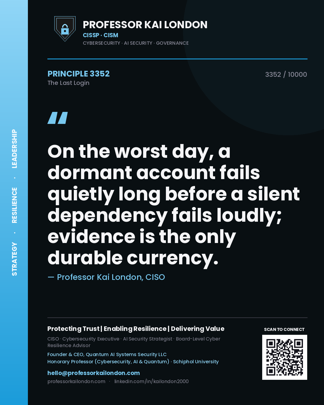 Quote card by Professor Kai London reading 'On the worst day, a dormant account fails quietly long before a silent dependency fails loudly; evidence is the only durable currency.'. From the book The Last Login.