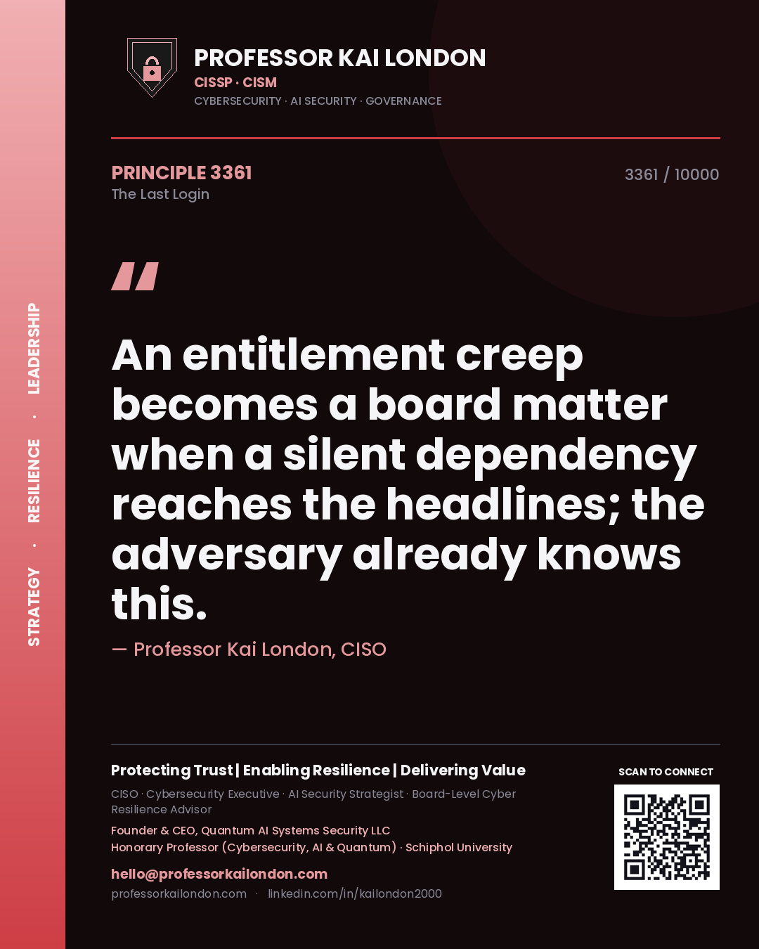 Quote card by Professor Kai London reading 'An entitlement creep becomes a board matter when a silent dependency reaches the headlines; the adversary already knows this.'. From the book The Last Login.