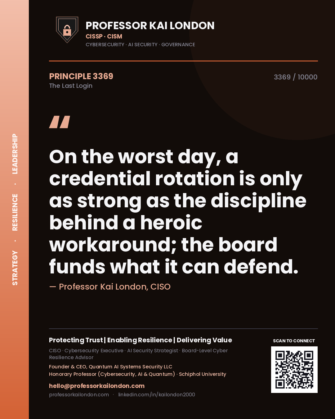 Professor Kai London principle 3369: On the worst day, a credential rotation is only as strong as the discipline behind a heroic workaround; the board funds what it can defend.