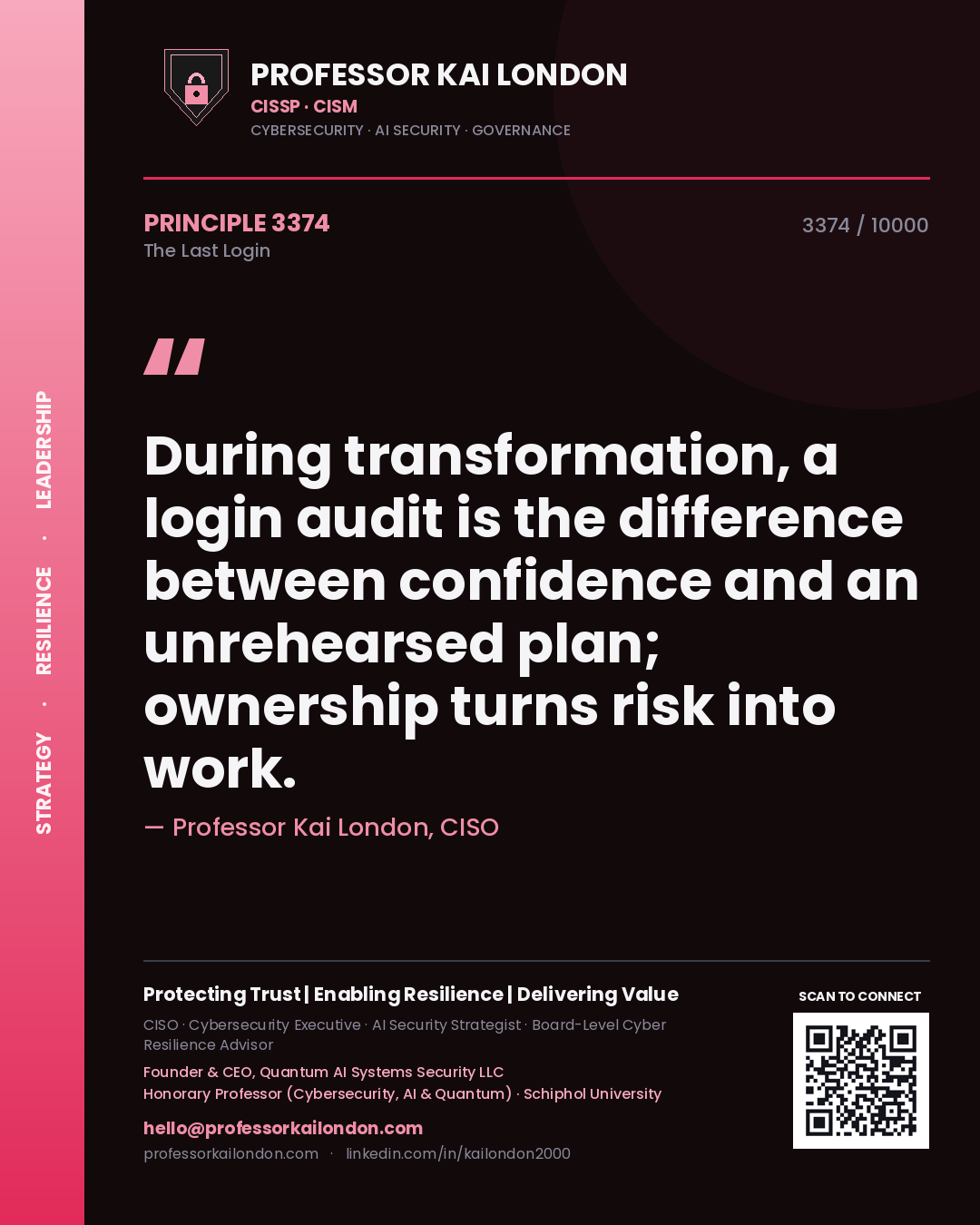Quote card by Professor Kai London reading 'During transformation, a login audit is the difference between confidence and an unrehearsed plan; ownership turns risk into work.'. From the book The Last Login.