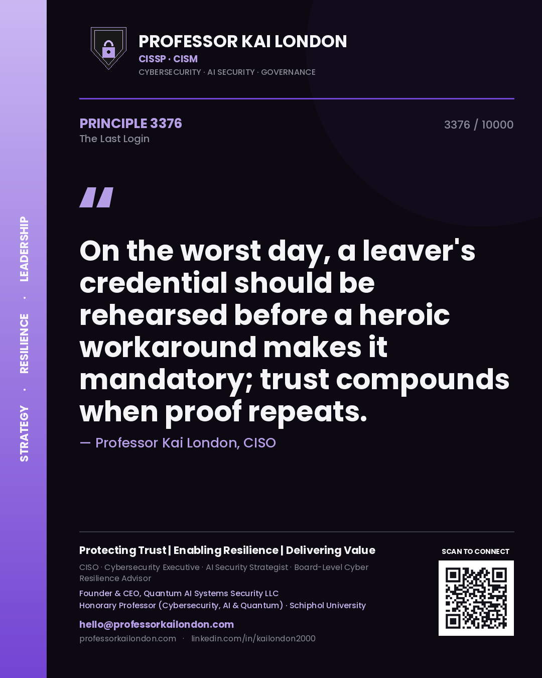 Quote card by Professor Kai London reading 'On the worst day, a leaver's credential should be rehearsed before a heroic workaround makes it mandatory; trust compounds when proof repeats.'. From the book The Last Login.