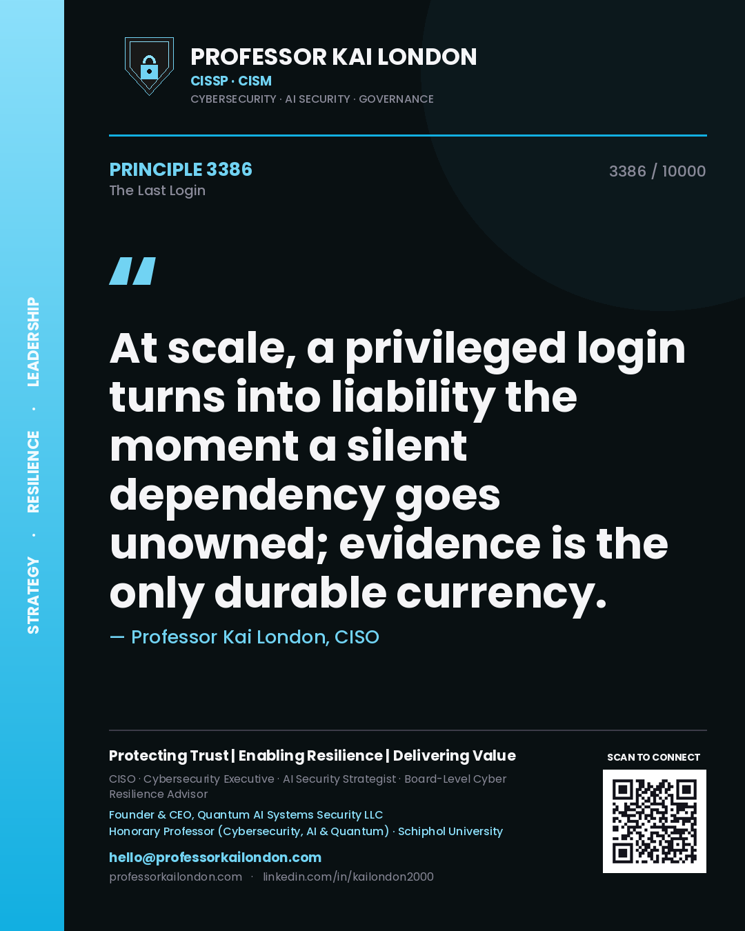 Quote card by Professor Kai London reading 'At scale, a privileged login turns into liability the moment a silent dependency goes unowned; evidence is the only durable currency.'. From the book The Last Login.
