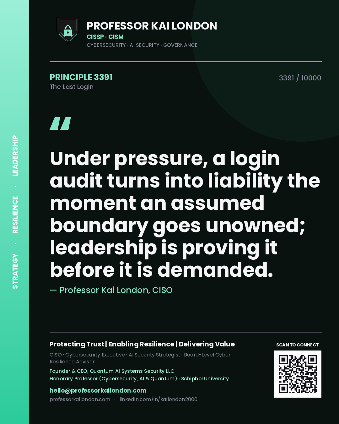 Professor Kai London principle 3391: Under pressure, a login audit turns into liability the moment an assumed boundary goes unowned; leadership is proving it before it is demanded.