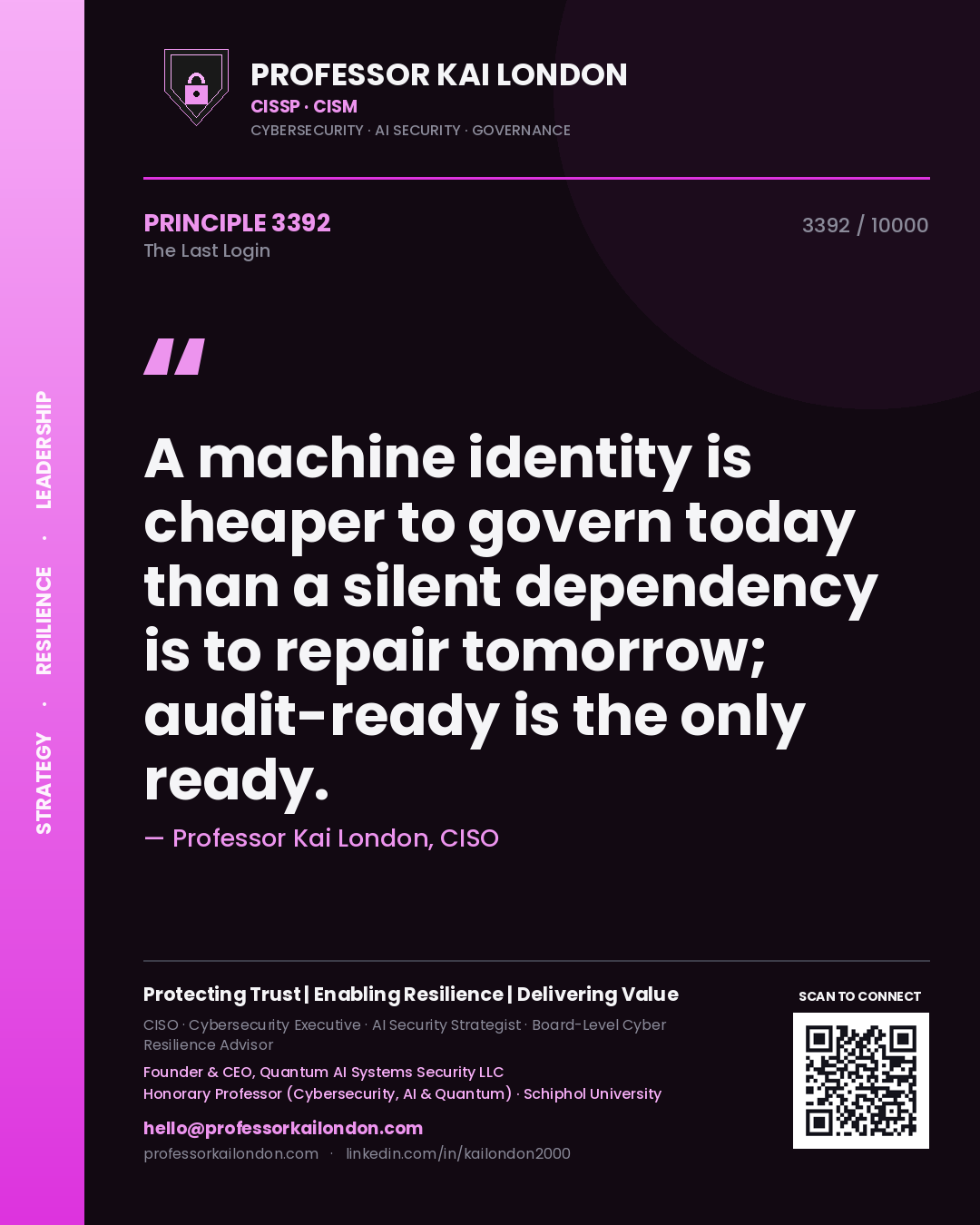 Quote card by Professor Kai London reading 'A machine identity is cheaper to govern today than a silent dependency is to repair tomorrow; audit-ready is the only ready.'. From the book The Last Login.