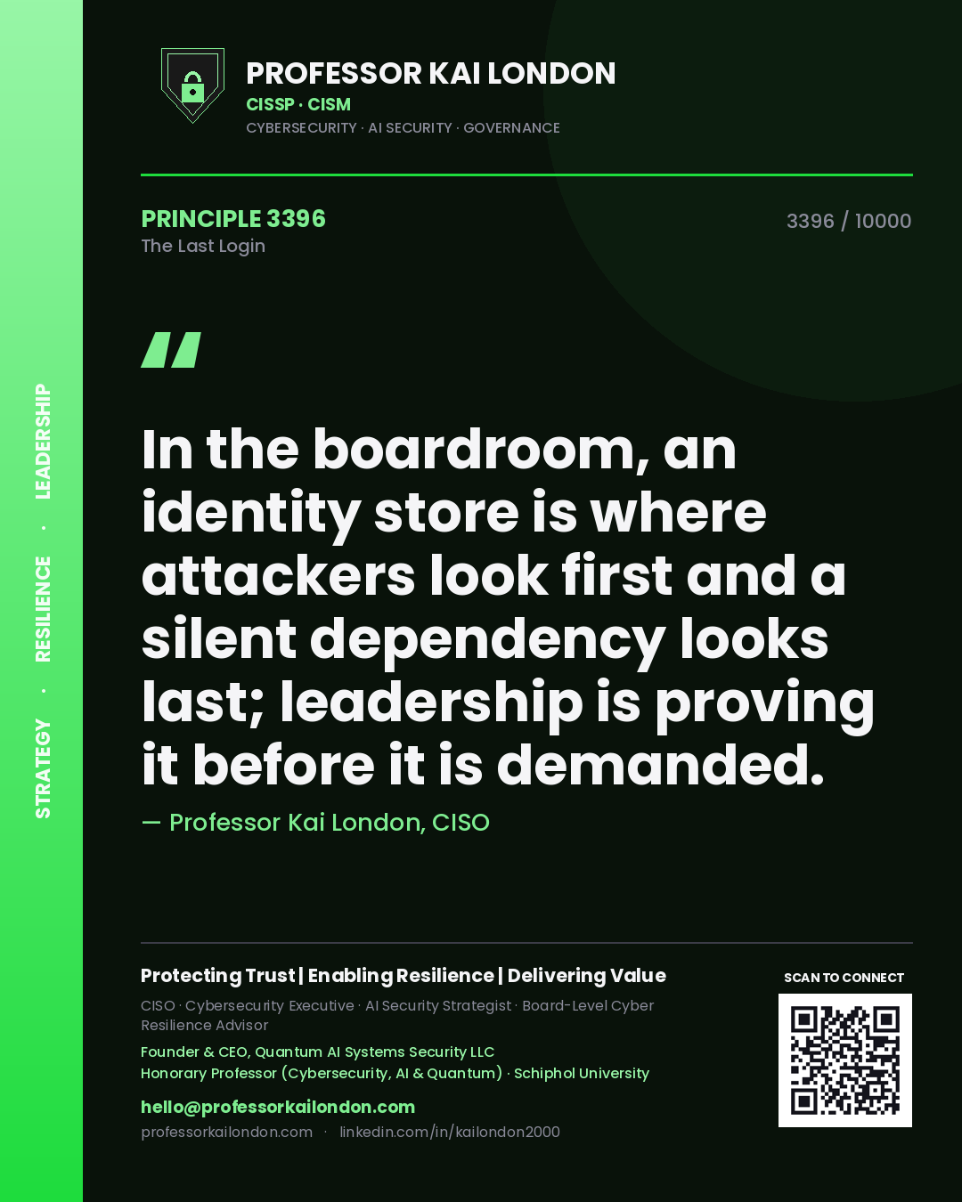 Professor Kai London principle 3396: In the boardroom, an identity store is where attackers look first and a silent dependency looks last; leadership is proving it before it is demanded.