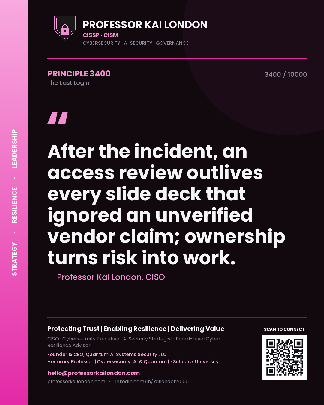 Quote card by Professor Kai London reading 'After the incident, an access review outlives every slide deck that ignored an unverified vendor claim; ownership turns risk into work.'. From the book The Last Login.