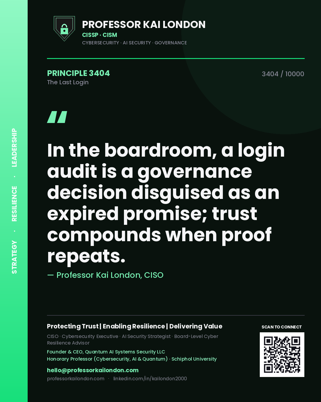 Professor Kai London principle 3404: In the boardroom, a login audit is a governance decision disguised as an expired promise; trust compounds when proof repeats.