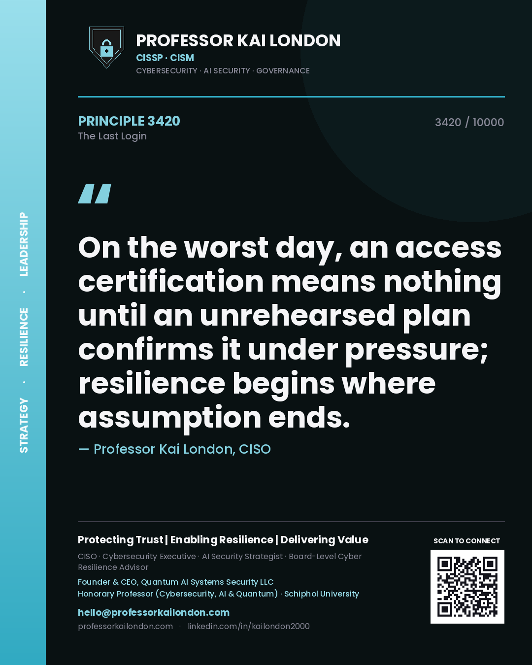 Quote card by Professor Kai London reading 'On the worst day, an access certification means nothing until an unrehearsed plan confirms it under pressure; resilience begins where assumption ends.'. From the book The Last Login.