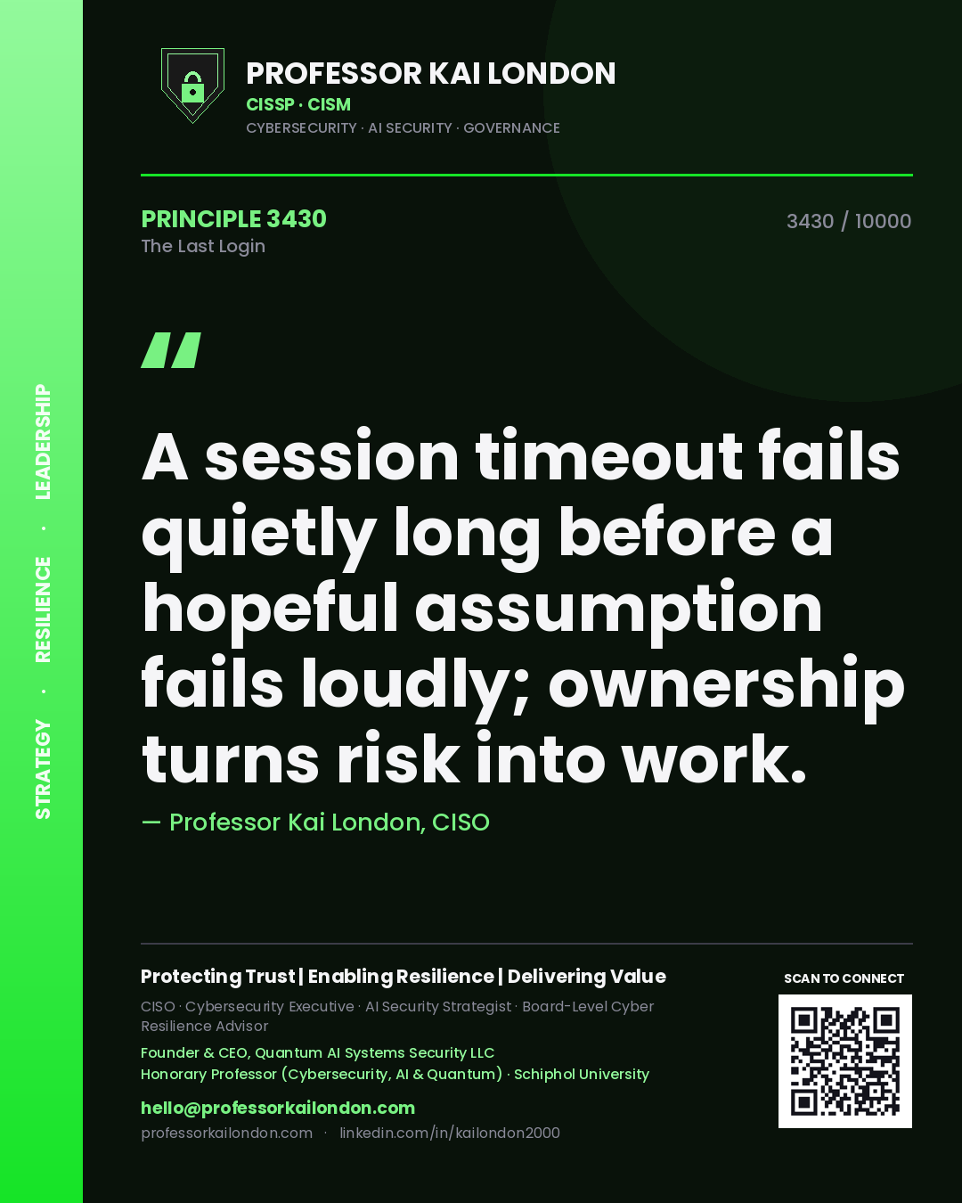 Professor Kai London principle 3430: A session timeout fails quietly long before a hopeful assumption fails loudly; ownership turns risk into work.