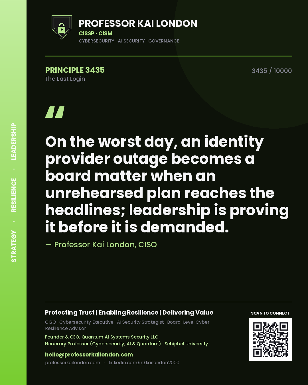 Professor Kai London principle 3435: On the worst day, an identity provider outage becomes a board matter when an unrehearsed plan reaches the headlines; leadership is proving it before it is demanded.