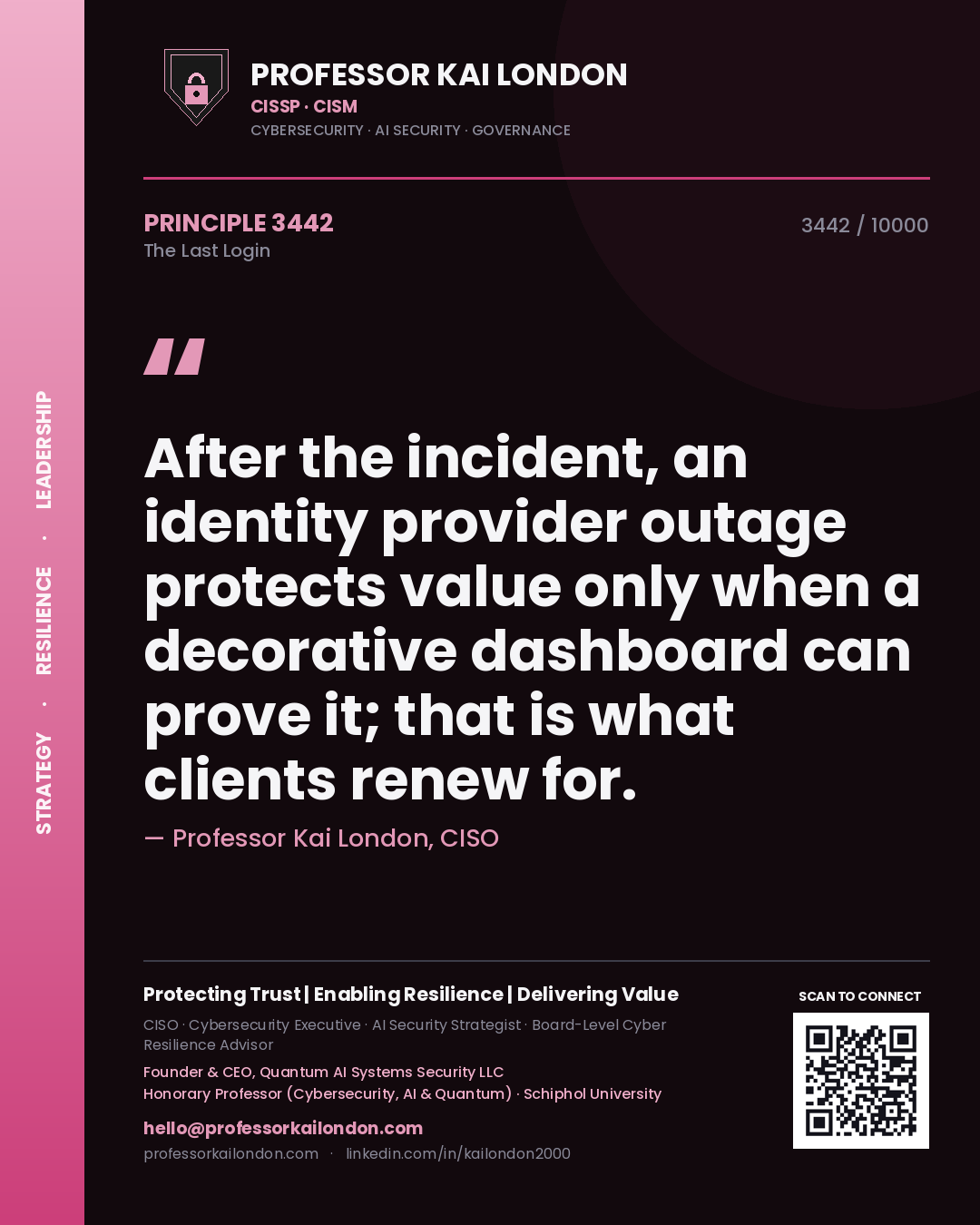 Professor Kai London principle 3442: After the incident, an identity provider outage protects value only when a decorative dashboard can prove it; that is what clients renew for.