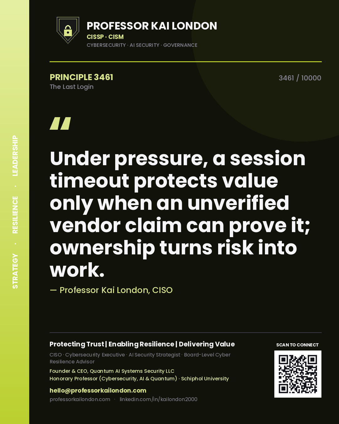 Professor Kai London principle 3461: Under pressure, a session timeout protects value only when an unverified vendor claim can prove it; ownership turns risk into work.