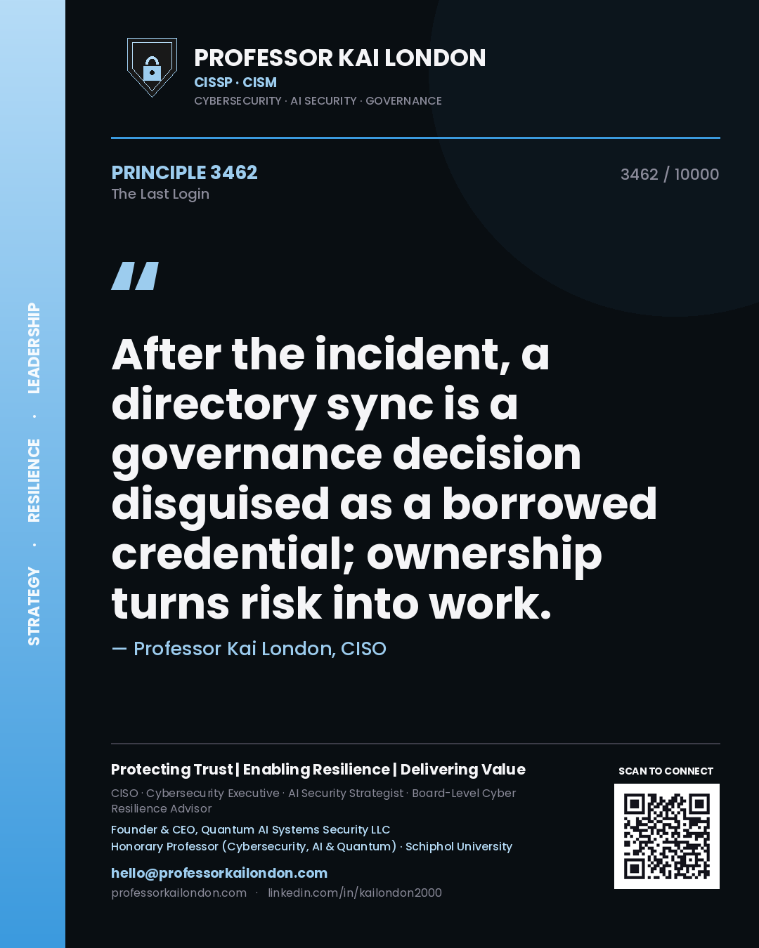 Quote card by Professor Kai London reading 'After the incident, a directory sync is a governance decision disguised as a borrowed credential; ownership turns risk into work.'. From the book The Last Login.
