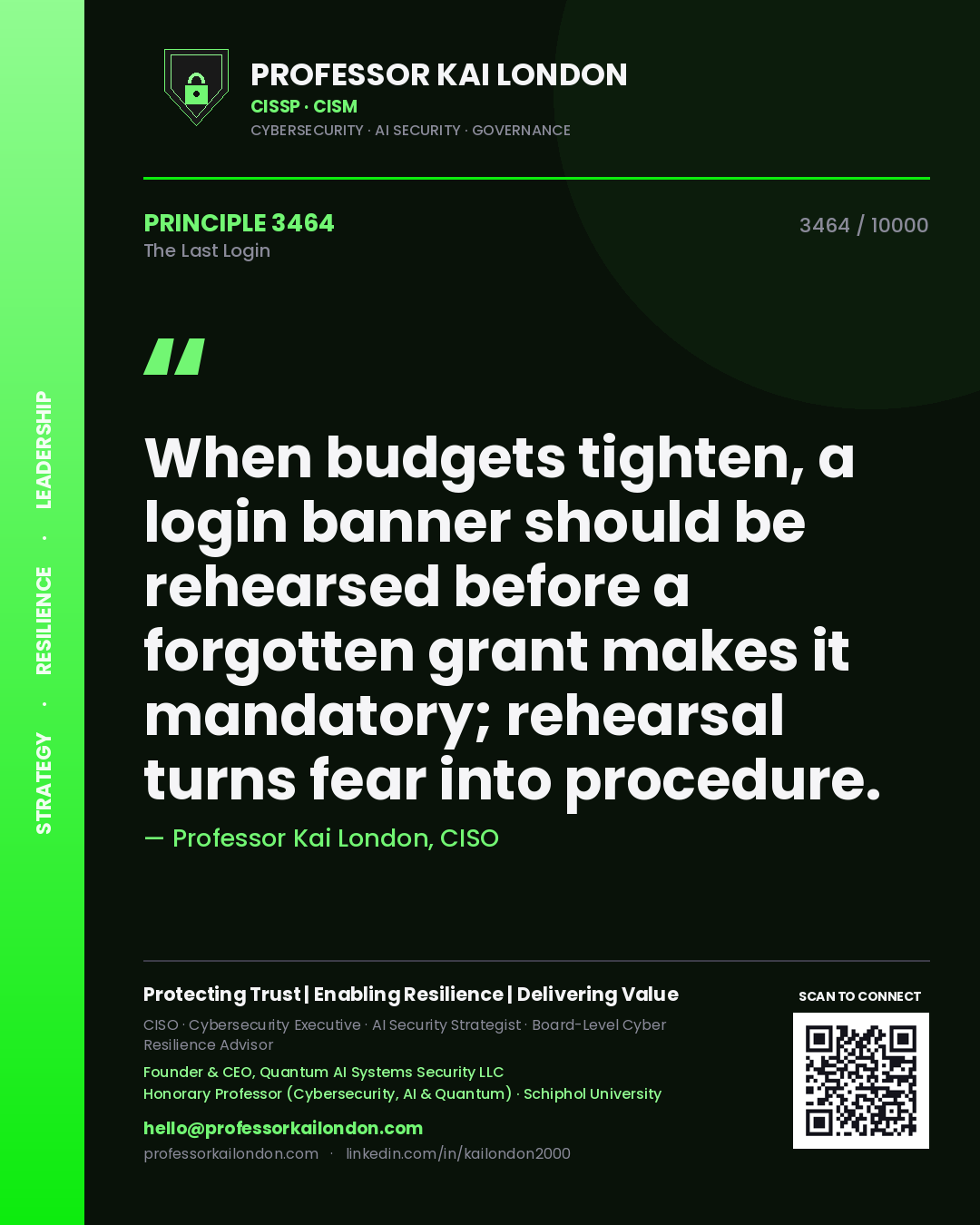 Professor Kai London principle 3464: When budgets tighten, a login banner should be rehearsed before a forgotten grant makes it mandatory; rehearsal turns fear into procedure.