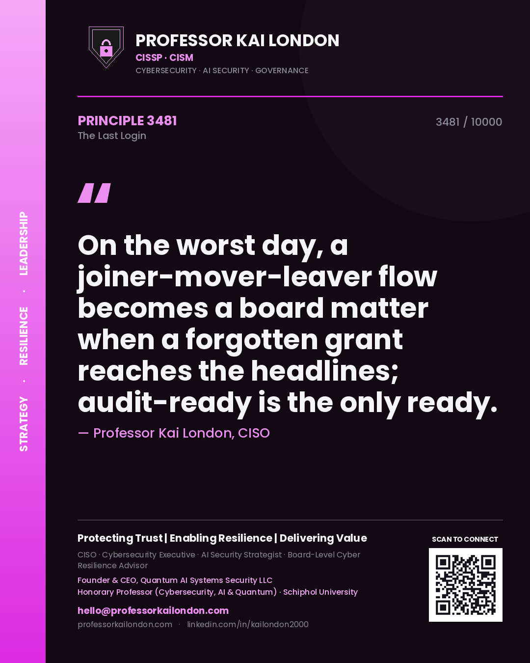 Quote card by Professor Kai London reading 'On the worst day, a joiner-mover-leaver flow becomes a board matter when a forgotten grant reaches the headlines; audit-ready is the only ready.'. From the book The Last Login.