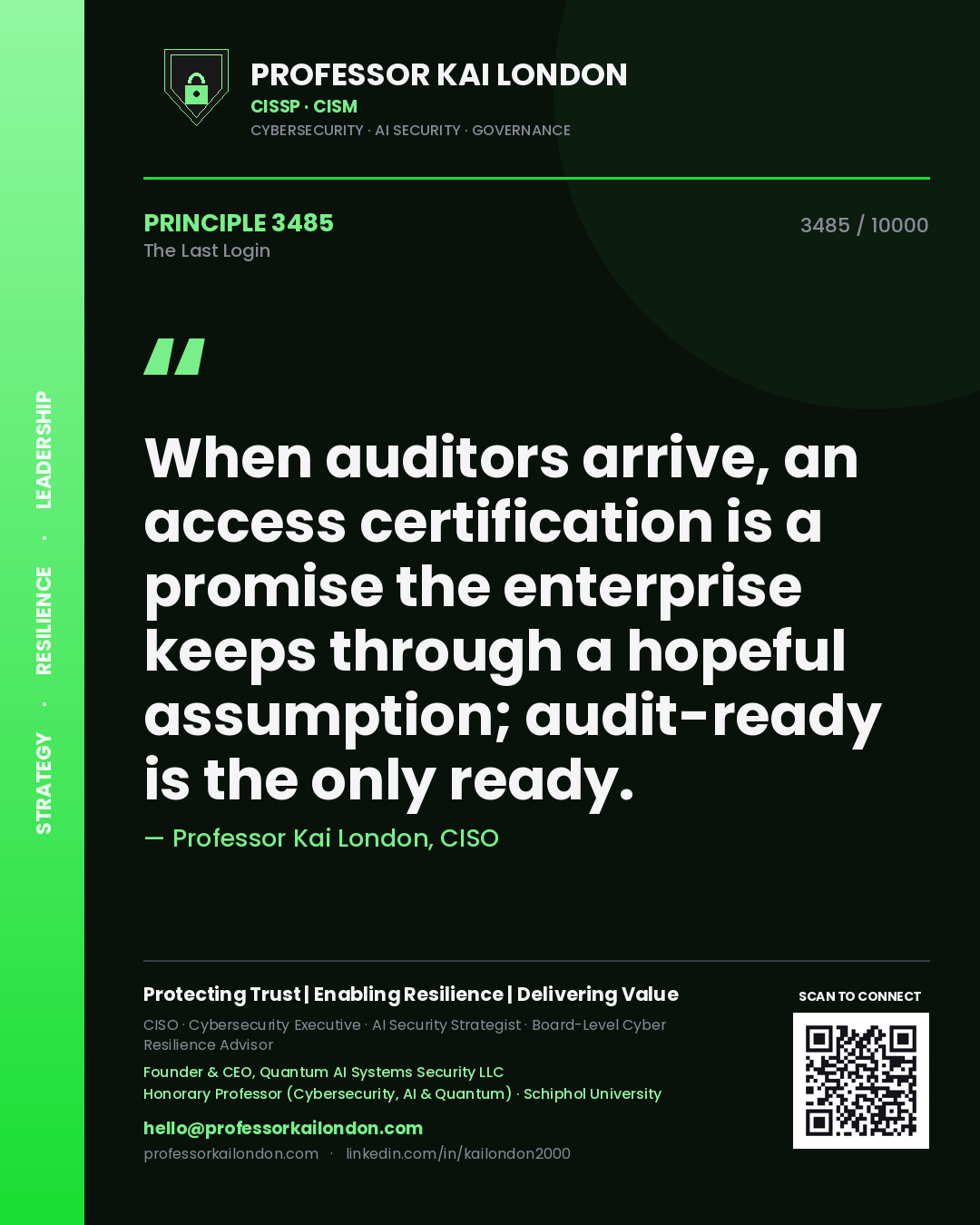 Professor Kai London principle 3485: When auditors arrive, an access certification is a promise the enterprise keeps through a hopeful assumption; audit-ready is the only ready.