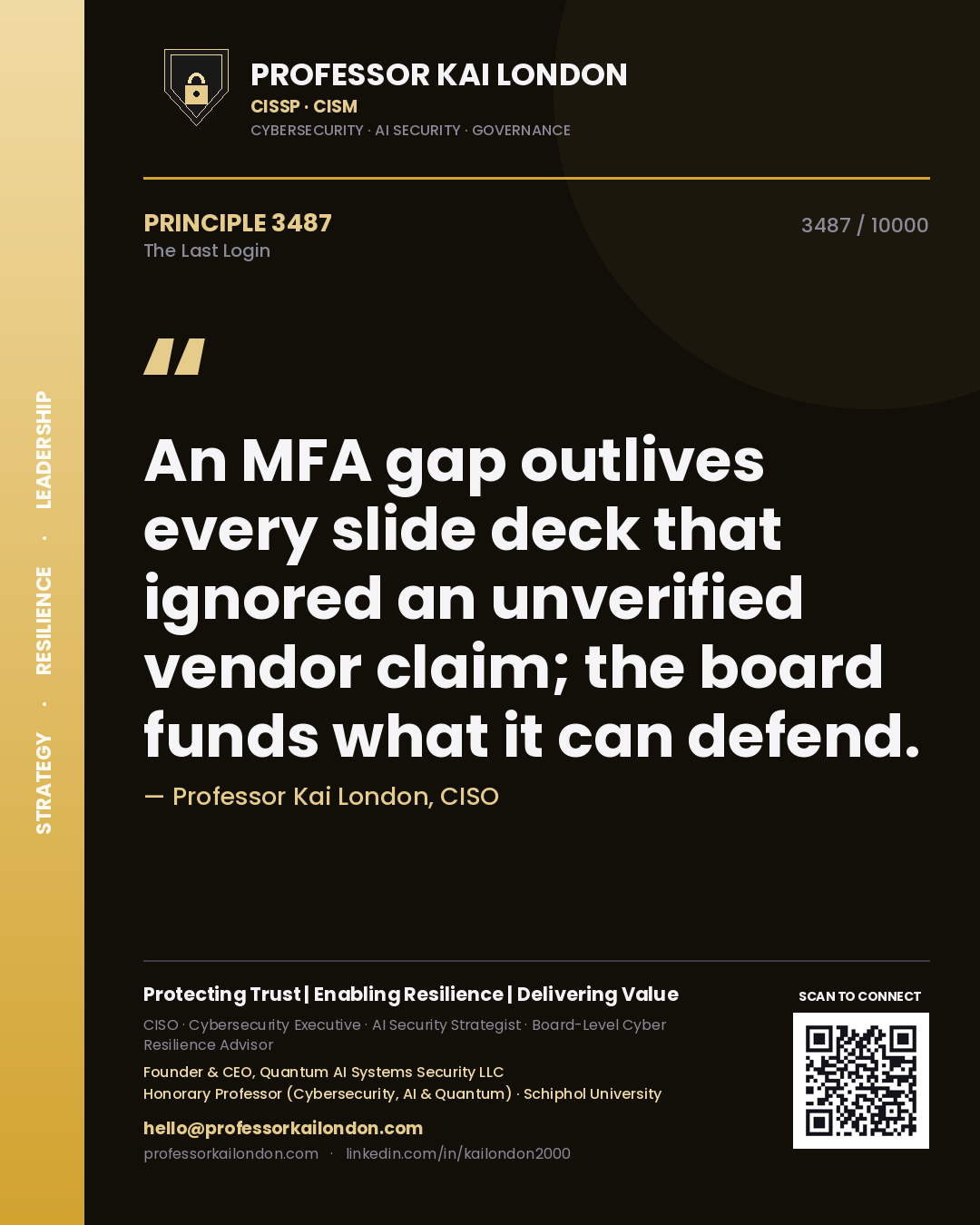 Professor Kai London principle 3487: An MFA gap outlives every slide deck that ignored an unverified vendor claim; the board funds what it can defend.