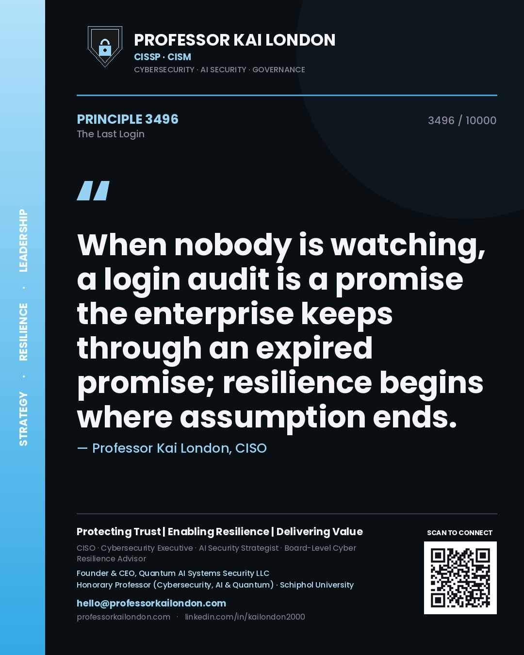 Quote card by Professor Kai London reading 'When nobody is watching, a login audit is a promise the enterprise keeps through an expired promise; resilience begins where assumption ends.'. From the book The Last Login.