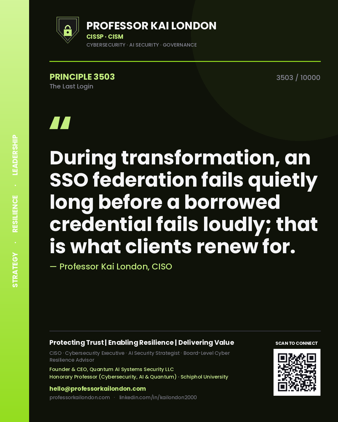 Quote card by Professor Kai London reading 'During transformation, an SSO federation fails quietly long before a borrowed credential fails loudly; that is what clients renew for.'. From the book The Last Login.