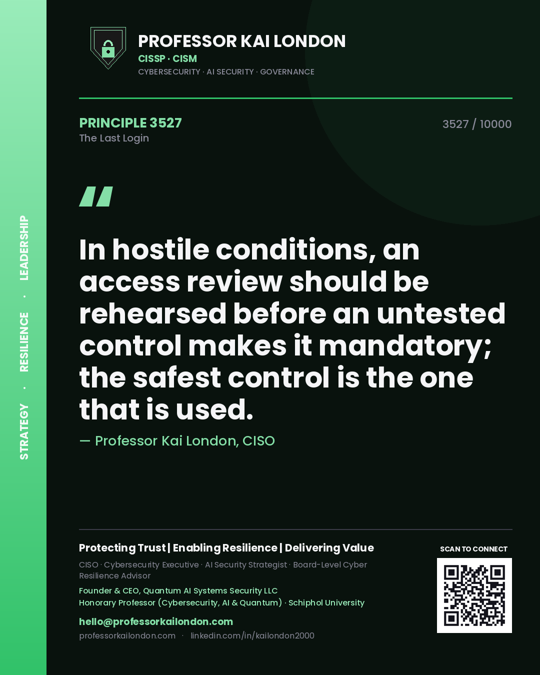 Professor Kai London principle 3527: In hostile conditions, an access review should be rehearsed before an untested control makes it mandatory; the safest control is the one that is used.