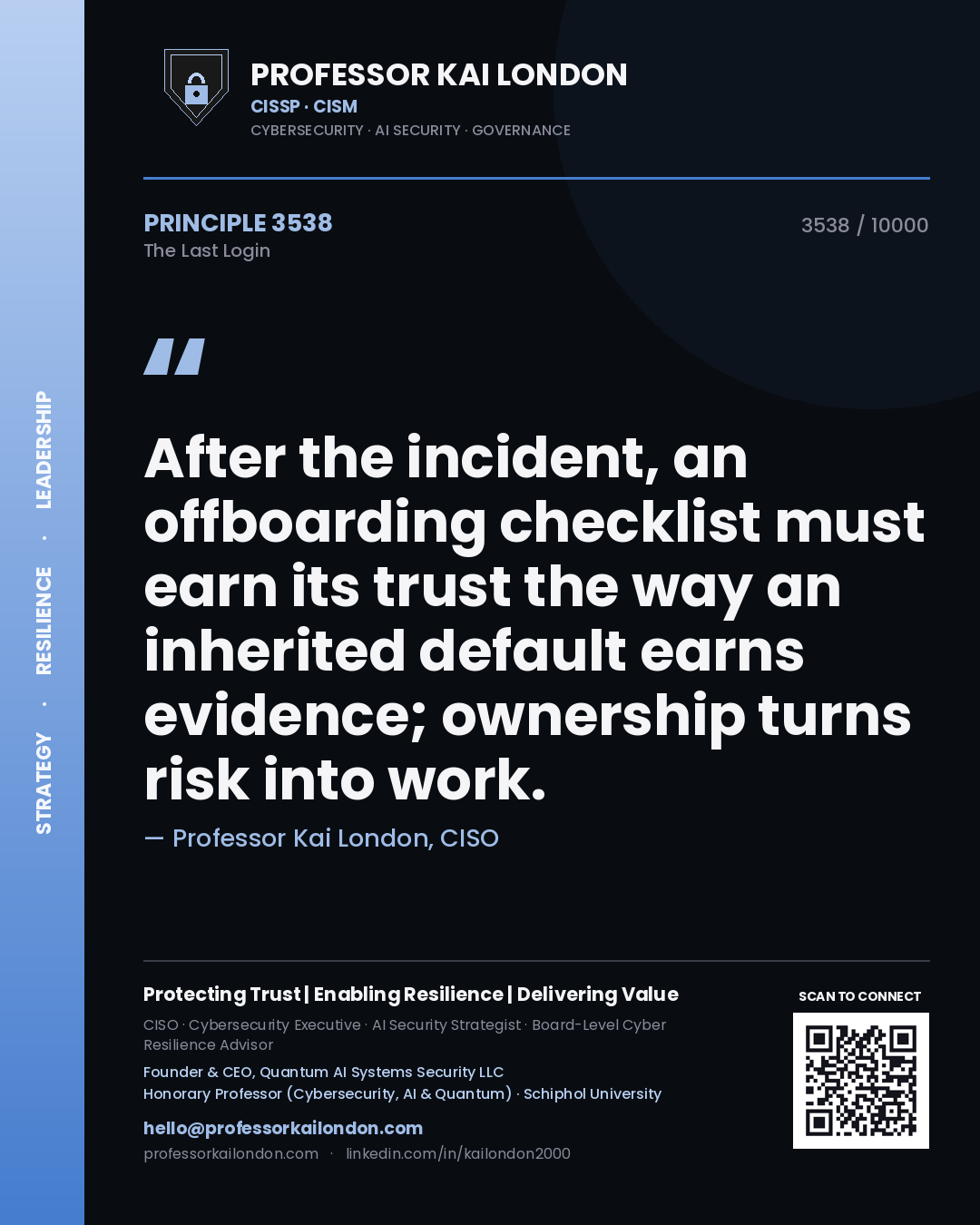 Quote card by Professor Kai London reading 'After the incident, an offboarding checklist must earn its trust the way an inherited default earns evidence; ownership turns risk into work.'. From the book The Last Login.