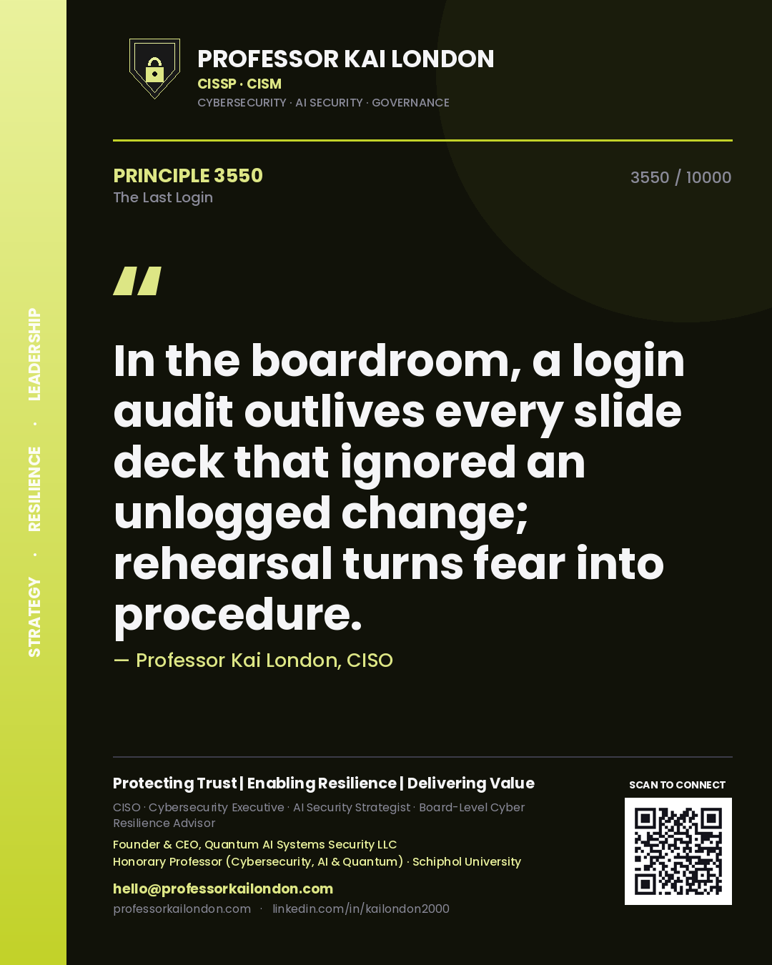 Professor Kai London principle 3550: In the boardroom, a login audit outlives every slide deck that ignored an unlogged change; rehearsal turns fear into procedure.