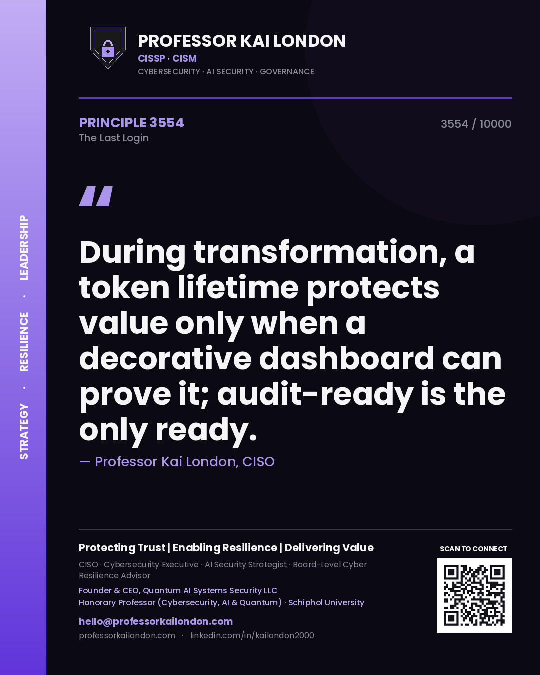 Professor Kai London principle 3554: During transformation, a token lifetime protects value only when a decorative dashboard can prove it; audit-ready is the only ready.
