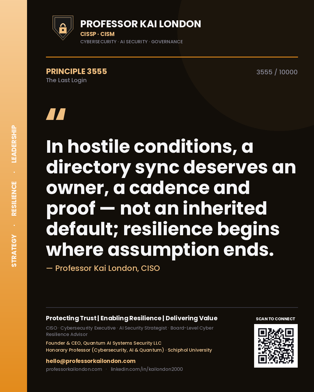 Quote card by Professor Kai London reading 'In hostile conditions, a directory sync deserves an owner, a cadence and proof — not an inherited default; resilience begins where assumption ends.'. From the book The Last Login.