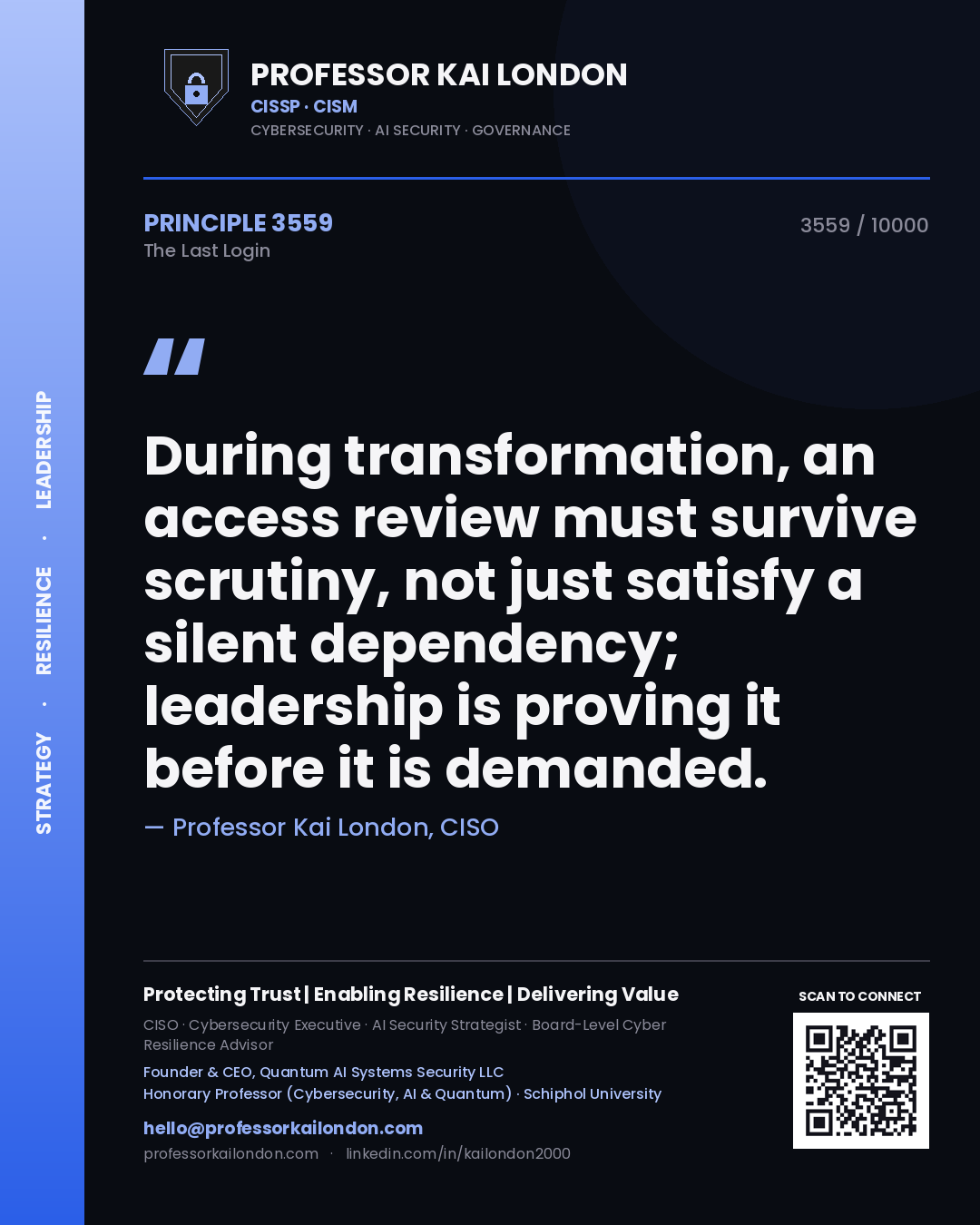 Professor Kai London principle 3559: During transformation, an access review must survive scrutiny, not just satisfy a silent dependency; leadership is proving it before it is demanded.
