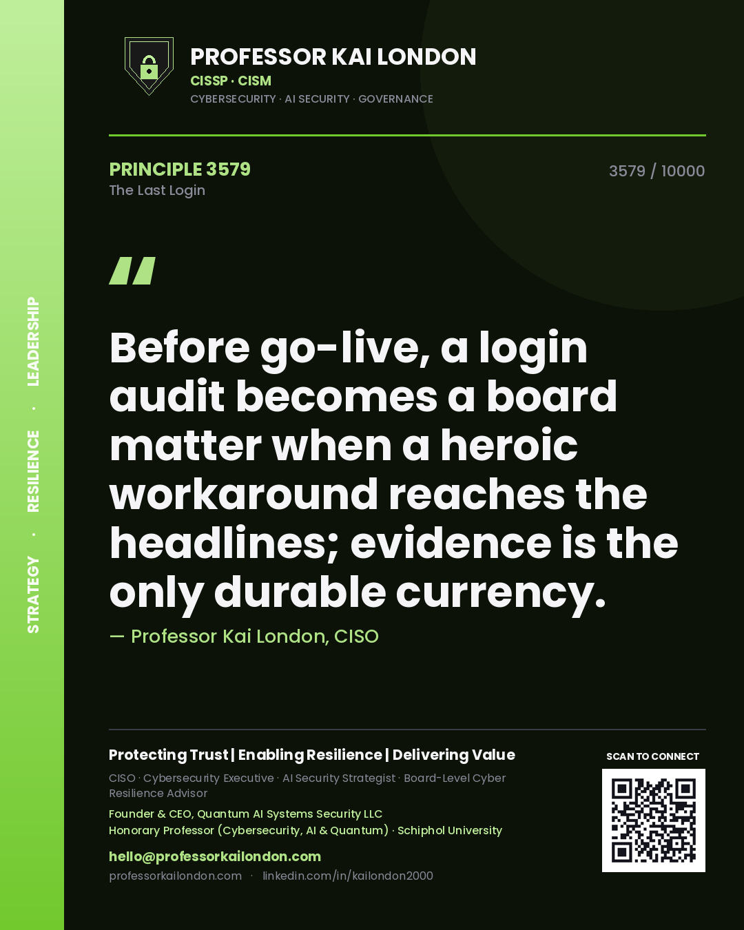 Quote card by Professor Kai London reading 'Before go-live, a login audit becomes a board matter when a heroic workaround reaches the headlines; evidence is the only durable currency.'. From the book The Last Login.