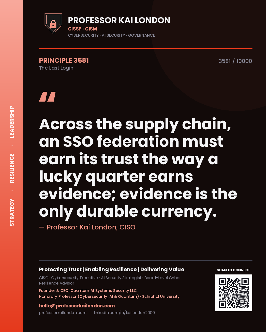 Professor Kai London principle 3581: Across the supply chain, an SSO federation must earn its trust the way a lucky quarter earns evidence; evidence is the only durable currency.