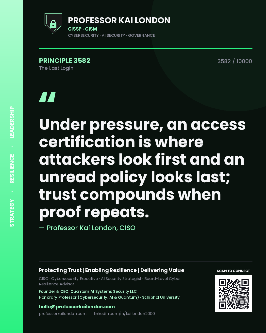 Quote card by Professor Kai London reading 'Under pressure, an access certification is where attackers look first and an unread policy looks last; trust compounds when proof repeats.'. From the book The Last Login.