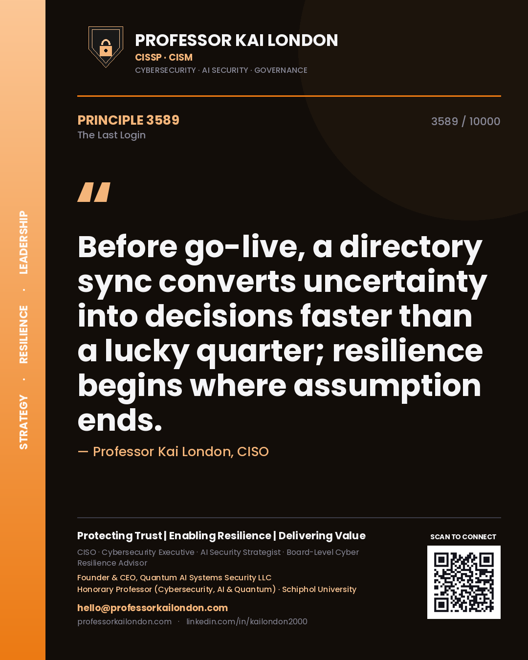 Quote card by Professor Kai London reading 'Before go-live, a directory sync converts uncertainty into decisions faster than a lucky quarter; resilience begins where assumption ends.'. From the book The Last Login.