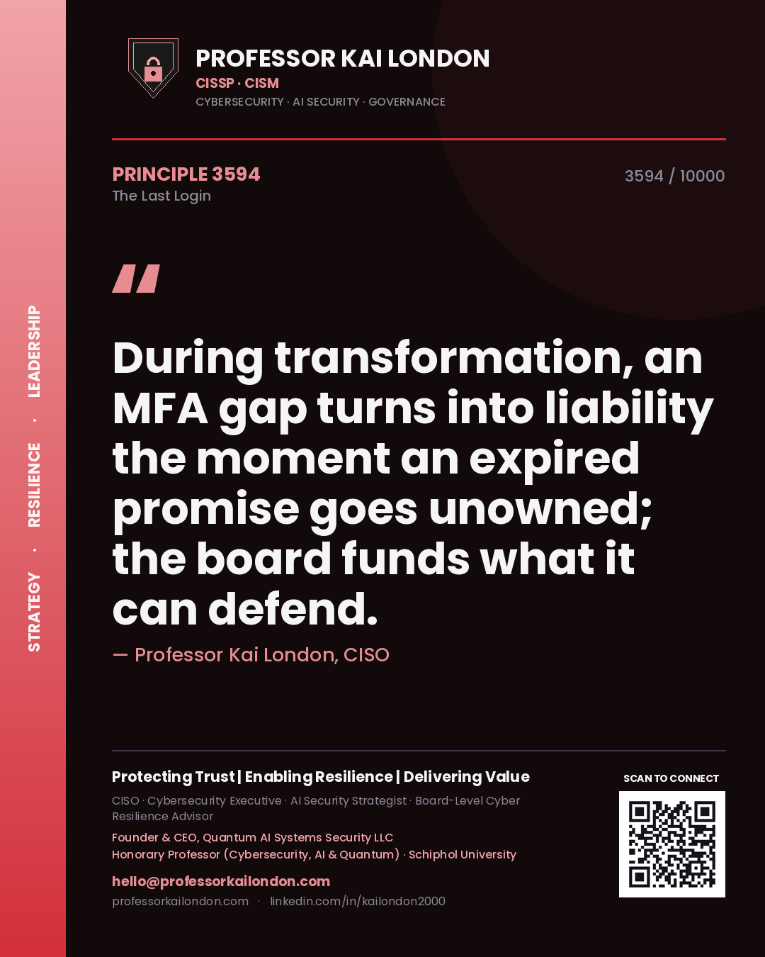 Quote card by Professor Kai London reading 'During transformation, an MFA gap turns into liability the moment an expired promise goes unowned; the board funds what it can defend.'. From the book The Last Login.