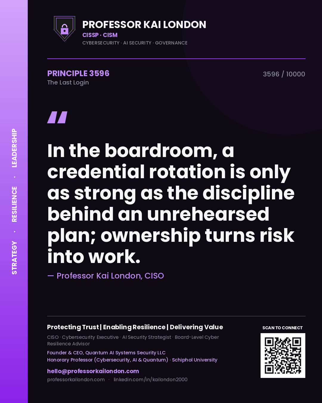 Quote card by Professor Kai London reading 'In the boardroom, a credential rotation is only as strong as the discipline behind an unrehearsed plan; ownership turns risk into work.'. From the book The Last Login.