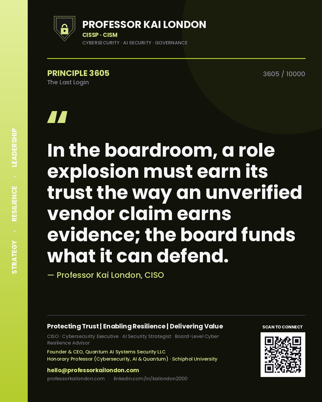 Professor Kai London principle 3605: In the boardroom, a role explosion must earn its trust the way an unverified vendor claim earns evidence; the board funds what it can defend.