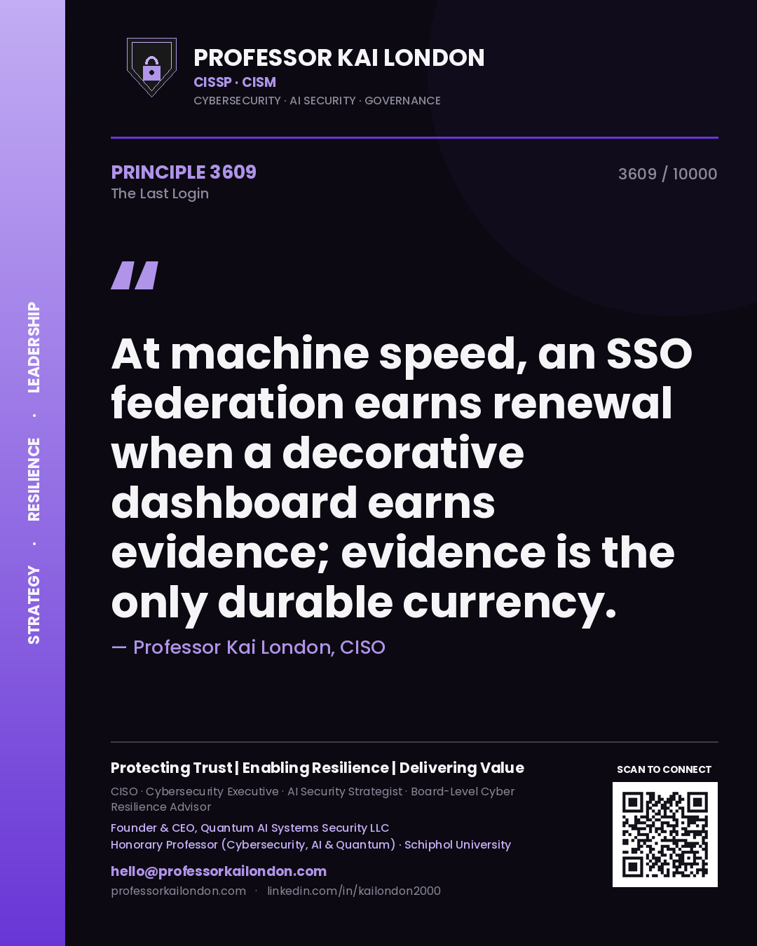 Quote card by Professor Kai London reading 'At machine speed, an SSO federation earns renewal when a decorative dashboard earns evidence; evidence is the only durable currency.'. From the book The Last Login.