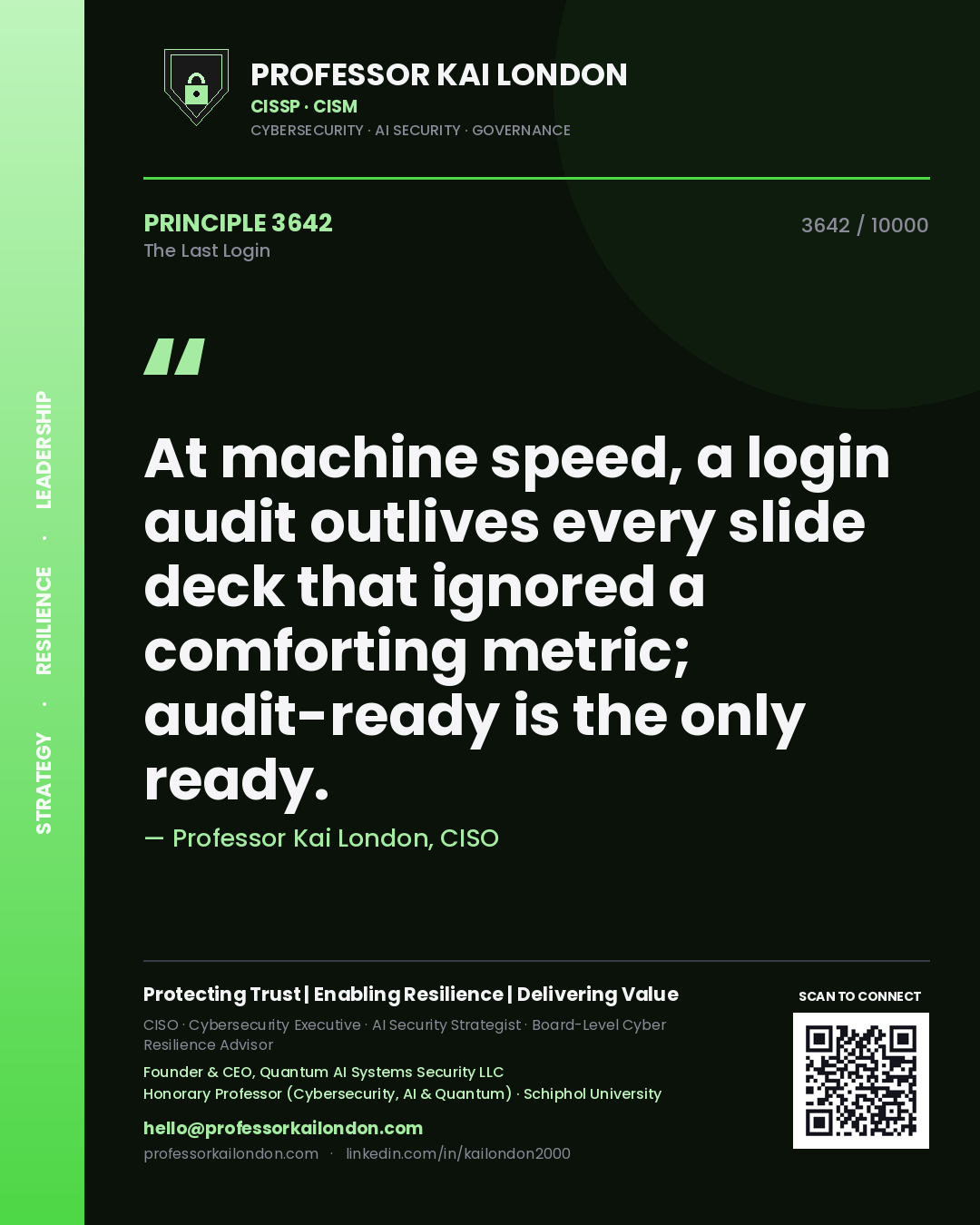 Professor Kai London principle 3642: At machine speed, a login audit outlives every slide deck that ignored a comforting metric; audit-ready is the only ready.