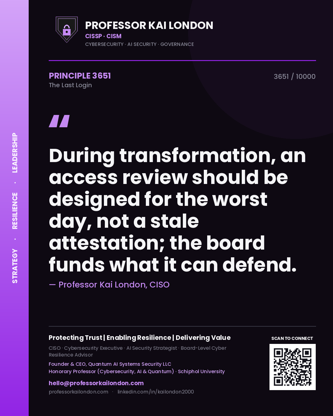 Professor Kai London principle 3651: During transformation, an access review should be designed for the worst day, not a stale attestation; the board funds what it can defend.