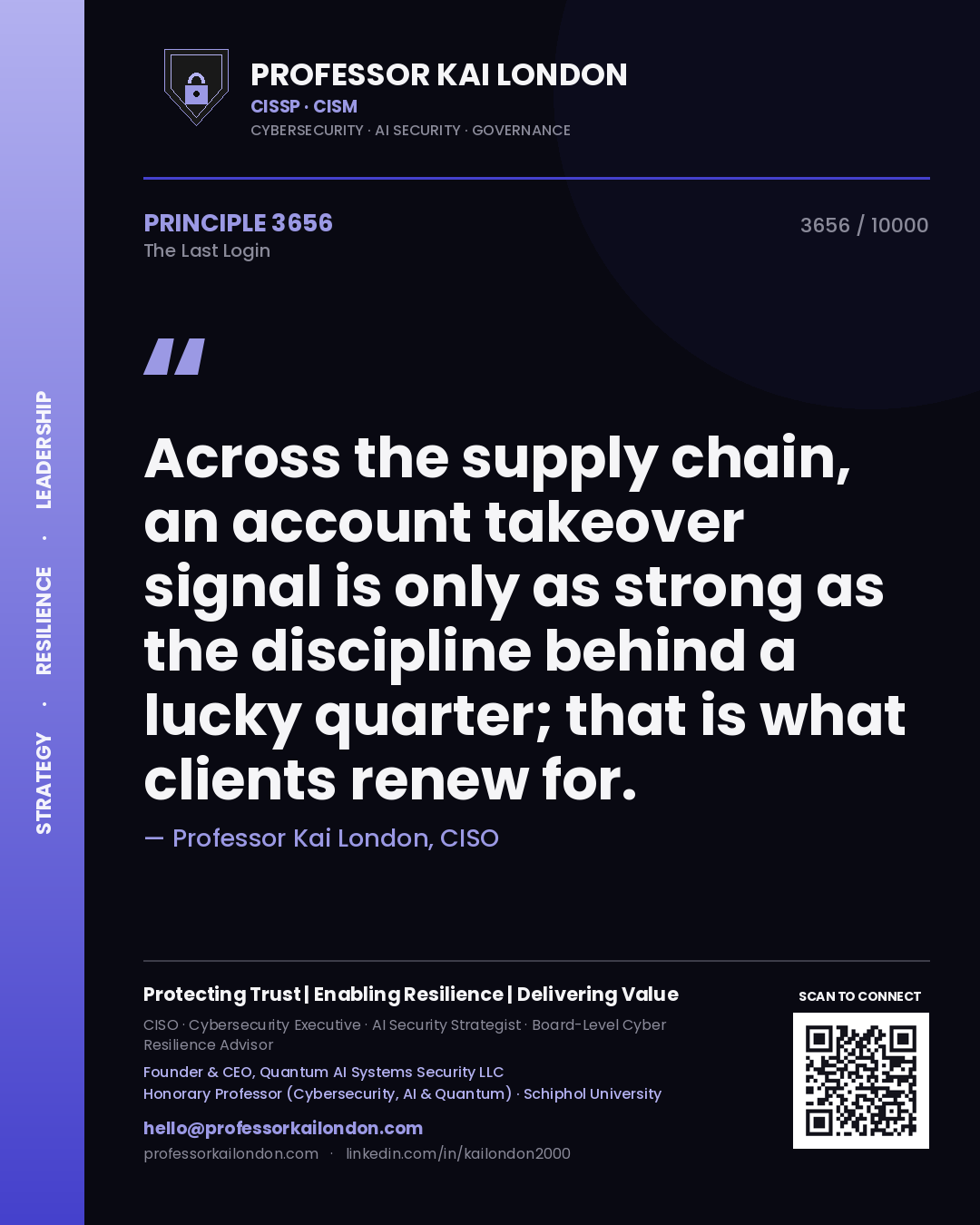 Quote card by Professor Kai London reading 'Across the supply chain, an account takeover signal is only as strong as the discipline behind a lucky quarter; that is what clients renew for.'. From the book The Last Login.