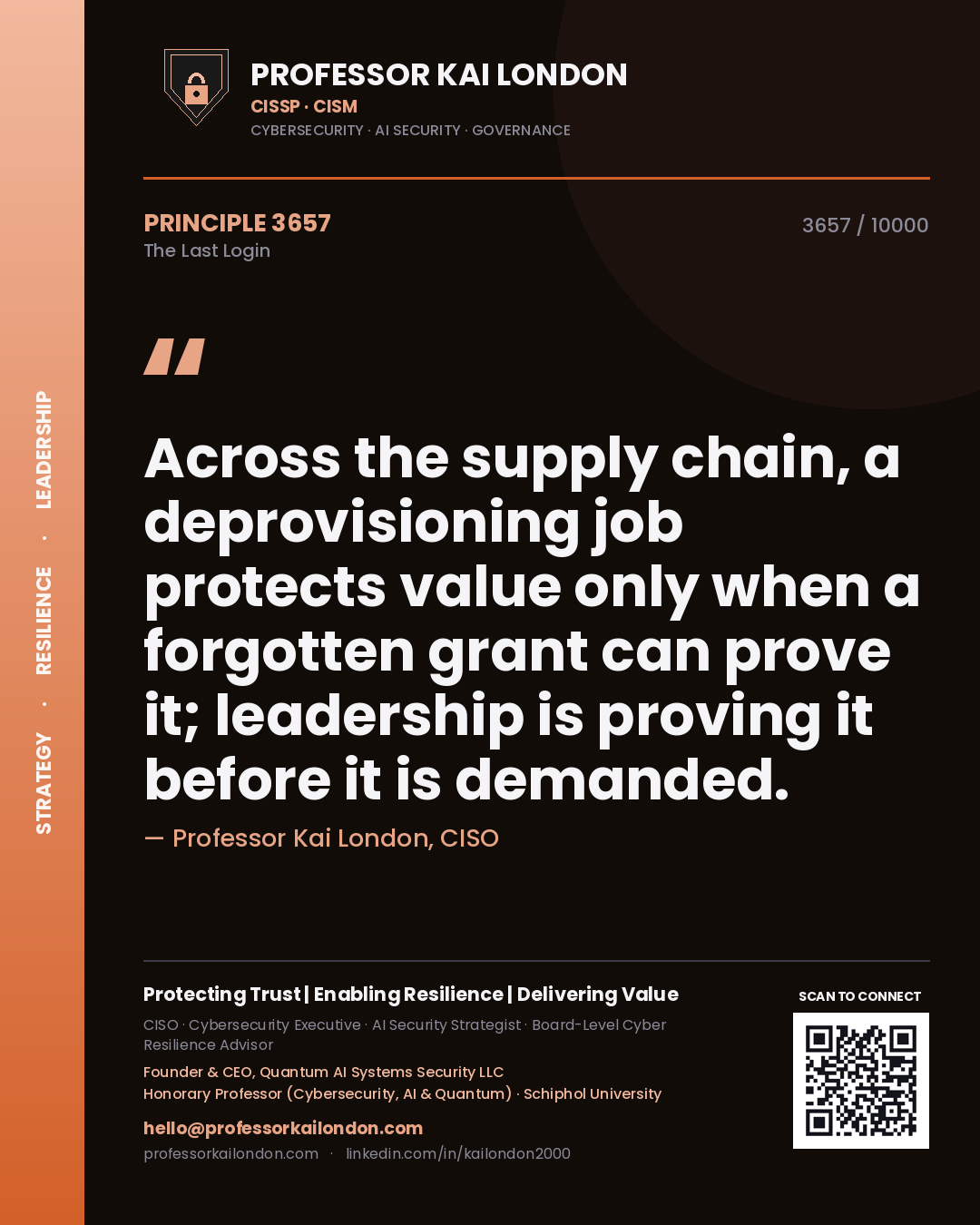 Quote card by Professor Kai London reading 'Across the supply chain, a deprovisioning job protects value only when a forgotten grant can prove it; leadership is proving it before it is demanded.'. From the book The Last Login.