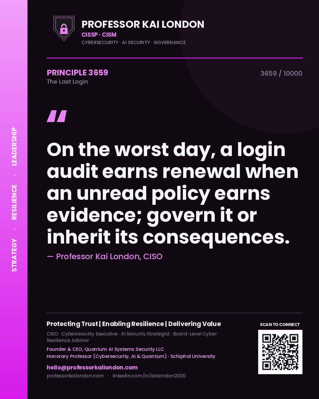 Quote card by Professor Kai London reading 'On the worst day, a login audit earns renewal when an unread policy earns evidence; govern it or inherit its consequences.'. From the book The Last Login.