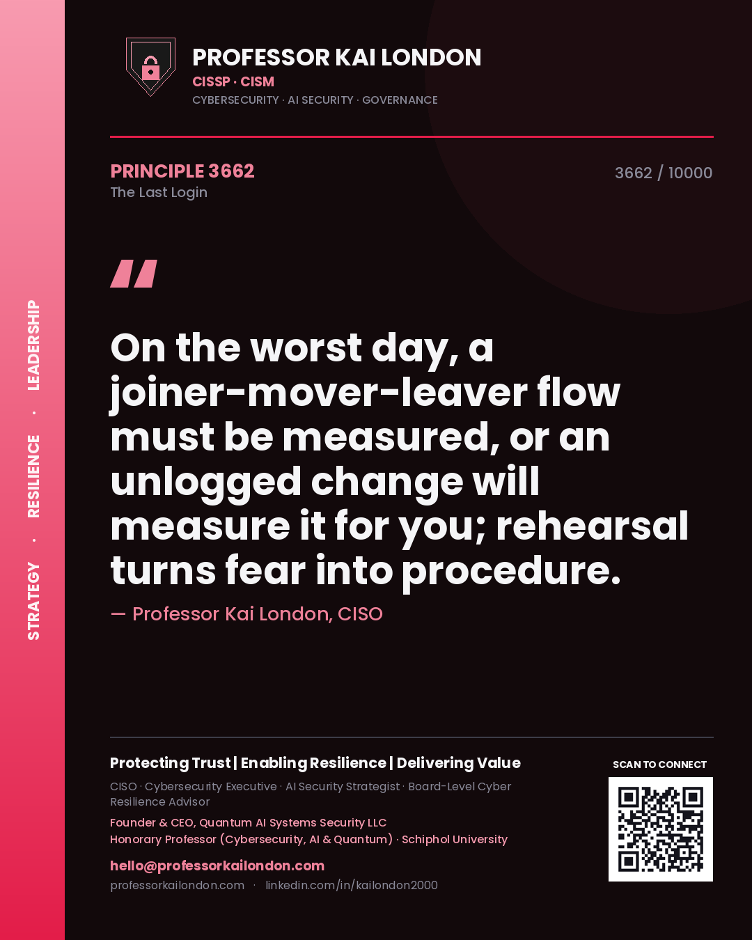 Quote card by Professor Kai London reading 'On the worst day, a joiner-mover-leaver flow must be measured, or an unlogged change will measure it for you; rehearsal turns fear into procedure.'. From the book The Last Login.