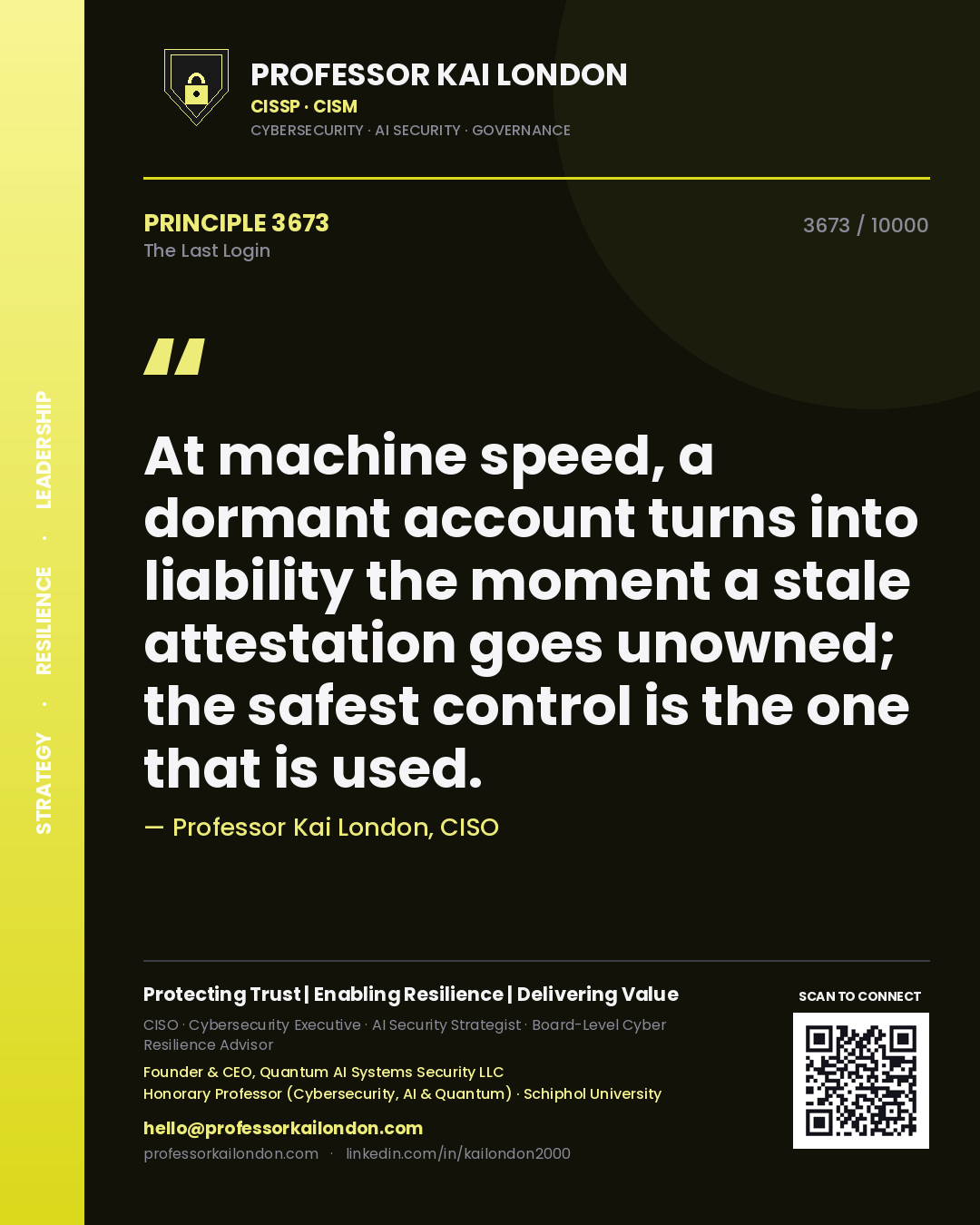 Quote card by Professor Kai London reading 'At machine speed, a dormant account turns into liability the moment a stale attestation goes unowned; the safest control is the one that is used.'. From the book The Last Login.