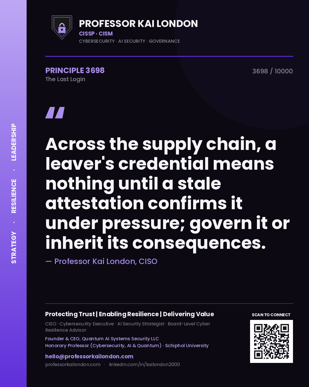 Quote card by Professor Kai London reading 'Across the supply chain, a leaver's credential means nothing until a stale attestation confirms it under pressure; govern it or inherit its consequences.'. From the book The Last Login.