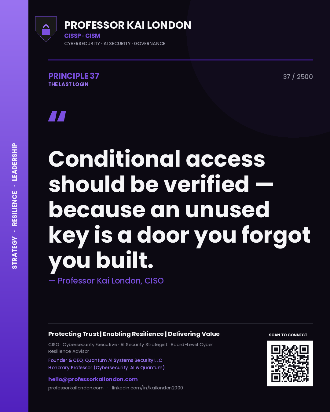 Quote card by Professor Kai London reading 'Conditional access should be verified — because an unused key is a door you forgot you built.'. From the book The Last Login.
